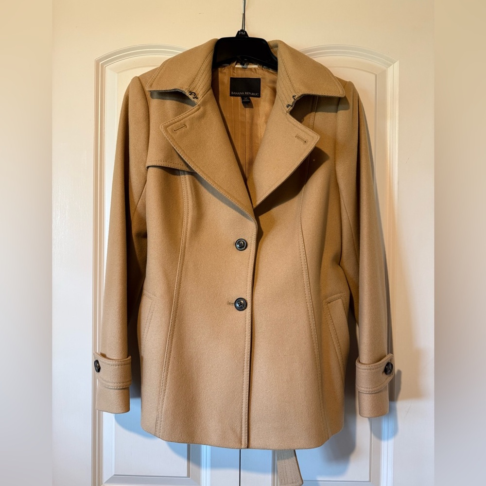 Banana Republic Women's Melton Short Italian Wool Camel Trench Coat size 10P - Picture 6 of 15